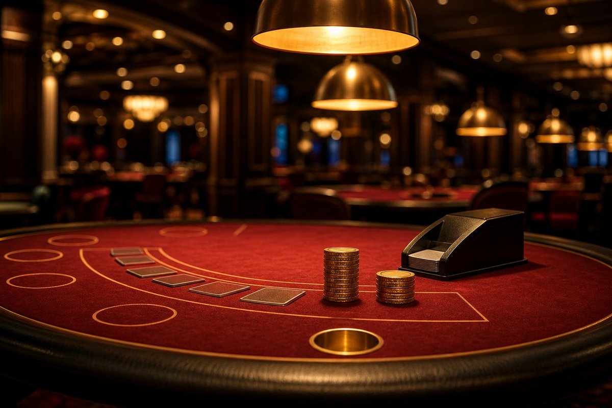 Blackjack-Tisch mit verdeckten Karten und Chipstapeln im warmen Licht