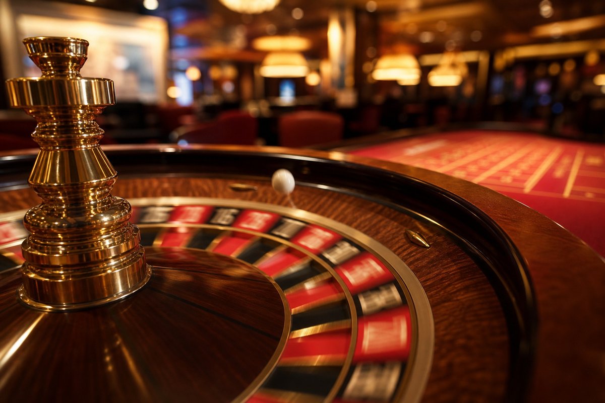Nahaufnahme eines Roulette-Rads in Bewegung mit warmem Lichtschein