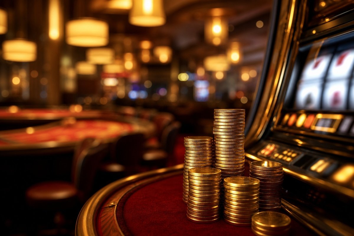 Warm beleuchteter Goldmünzen-Stapel neben einem unscharfen Spielautomaten-Gehäuse